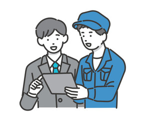 タブレットで説明をする作業員のベクターイラスト素材／建築／IT／物流／DX