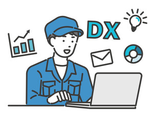 DX化で業務の効率化が進んだ作業員のベクターイラスト素材／建築／IT／物流／DX／コンサルティング