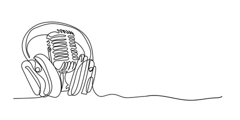 continuous line of condenser mic and headphones.one line drawing of podcast equipment .single line vector illustration. isolated white background