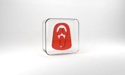 Red Funny and scary ghost mask for Halloween icon isolated on grey background. Happy Halloween party. Glass square button. 3d illustration 3D render