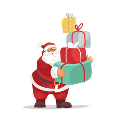 Santa Claus holding a mountain of gifts in his hands, cute christmas character with surprise boxes for kids, vector cartoon flat design isolated on white background.