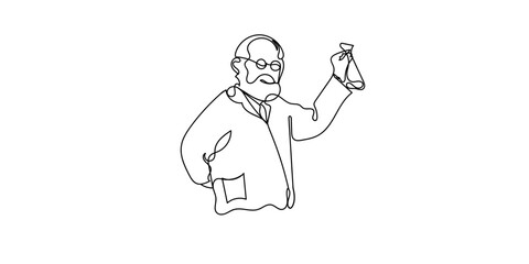 continuous line of professor holding laboratory bottle. line drawing of scientist and reaction bottle