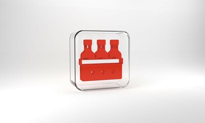 Red Bottles of wine in a wooden box icon isolated on grey background. Wine bottles in a wooden crate icon. Glass square button. 3d illustration 3D render