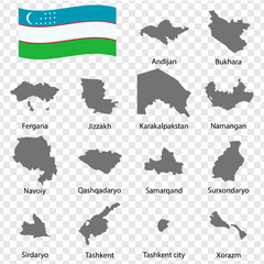 Fototapeta premium Fourteen Maps Regions of Uzbekistan - alphabetical order with name. Every single map of Region are listed and isolated with wordings and titles. Uzbekistan. EPS 10.