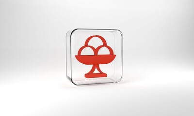 Red Ice cream in the bowl icon isolated on grey background. Sweet symbol. Glass square button. 3d illustration 3D render