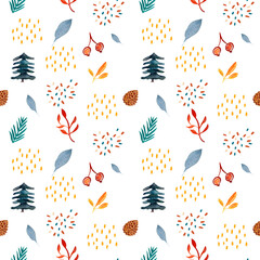 Obraz premium Watercolor hand drawn pattern with plant elements, leaves, twigs, pine, cones, fruits, abstract elements, suitable for christmas, thanksgiving, autumn holidays, festivals.