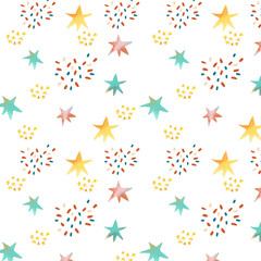 Simple irregular starry seamless pattern watercolor texture. Simple hand drawn stars, with a set of abstract dots. Funny childish allover abstract night sky print, perfect for fabric, delicate palette