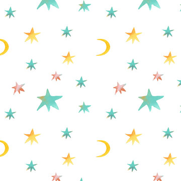 Watercolor seamless pattern with stars and moon, watercolor texture. Simple drawn stars. Funny children's abstract night sky print, suitable for fabric, delicate palette
