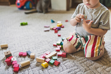 A little boy, 2 years old, sits on the floor and carpet at home and plays with colored wooden blocks. Educational toy constructor. The child learns to play according to the Montessori method