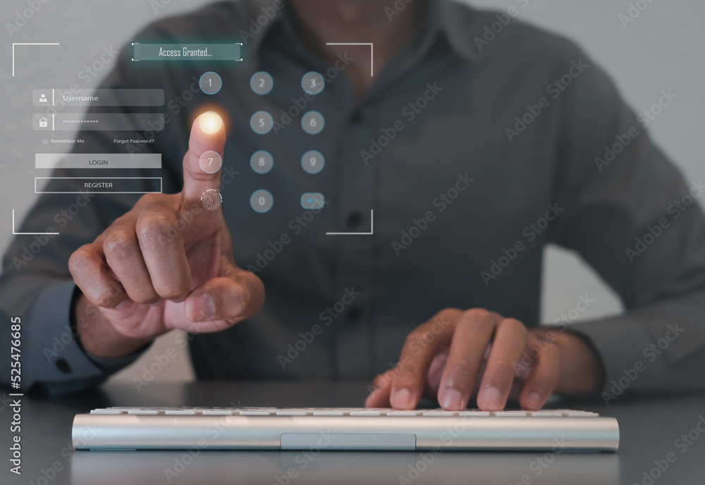 Poster Security on the Internet innovation technology against digital cyber crime, user finger scanning allows access input username and password for or technology security system and prevent hacker concept.