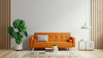 Living room have orange leather sofa and decoration minimal.
