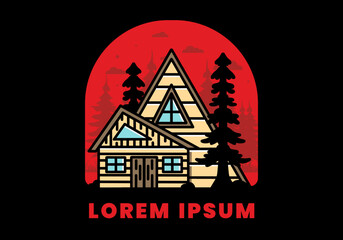 Aesthetic wood house between two pine tree illustration badge design