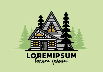 Fototapeta premium Aesthetic wood house between two pine tree illustration badge design