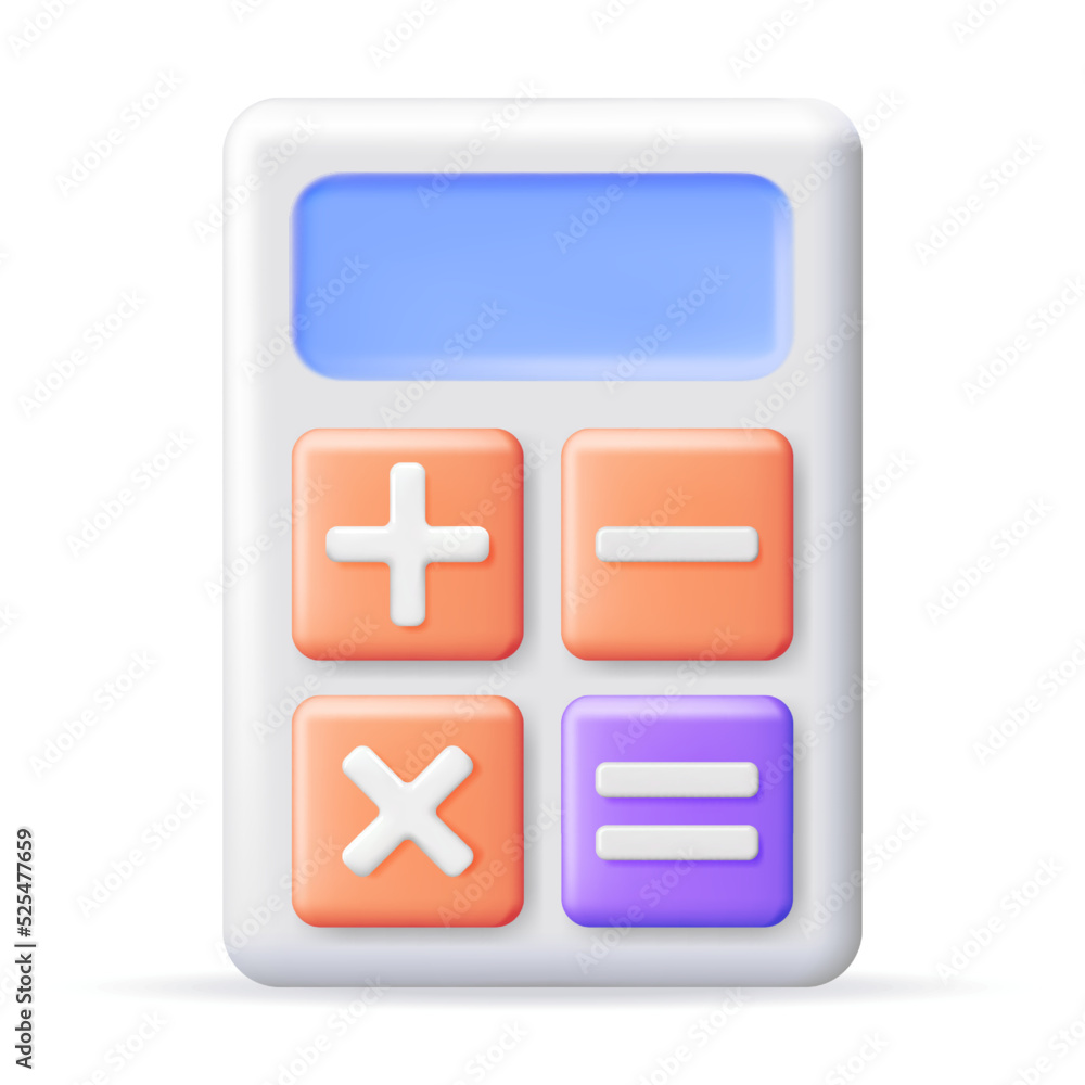 Poster 3d modern calculator isolated on white. mathematics icon. addition, subtraction, multiplication and 