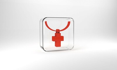 Obraz premium Red Christian cross on chain icon isolated on grey background. Church cross. Glass square button. 3d illustration 3D render