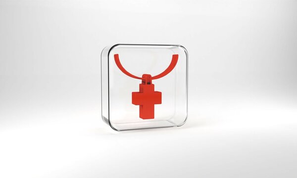 Red Christian cross on chain icon isolated on grey background. Church cross. Glass square button. 3d illustration 3D render