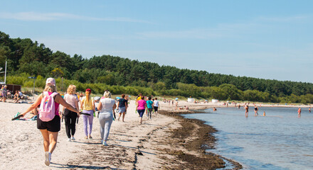 sports group walking on the sandy seashore, Europe, Baltic.