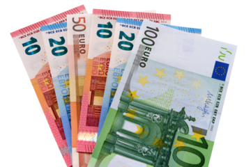 Various different Euros currency notes fan shape isolated transparent background photo PNG file