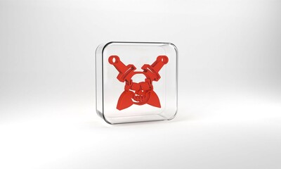 Red Crossed medieval sword with skull icon isolated on grey background. Medieval weapon. Glass square button. 3d illustration 3D render