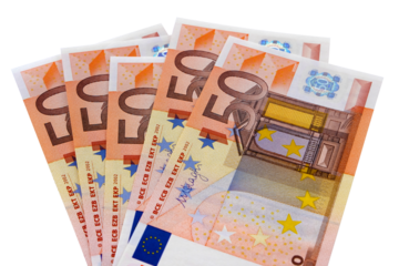 Euro 50 fifty several banknotes bills isolated fan shape transparent background photo PNG file
