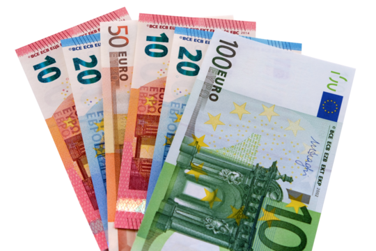 Various different Euros currency notes fan shape isolated transparent background photo PNG file