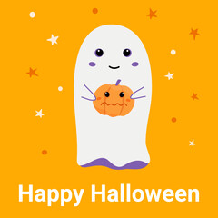 A cheerful ghost holds a pumpkin in his hands. Happy Halloween card. Orange background with stars