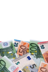 Obraz na płótnie Canvas Border of Euro money currency bills various isolated vertical transparent background photo PNG file