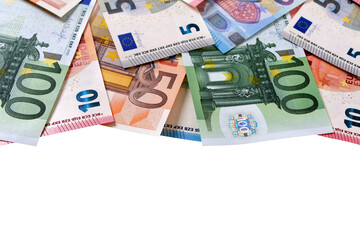 Obraz na płótnie Canvas Top border of various Euro currencies notes mixed isolated transparent background photo PNG file