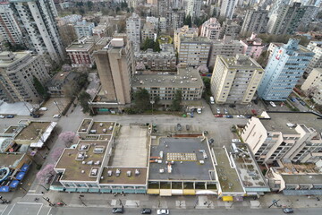 Aerial City Urban Buildings Skyline Daytime Clear  city streets below