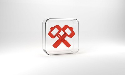 Fototapeta premium Red Medieval crossed battle hammers icon isolated on grey background. Glass square button. 3d illustration 3D render