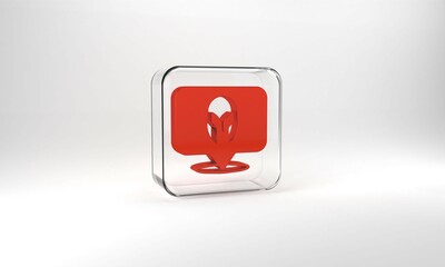 Red Medieval iron helmet for head protection icon isolated on grey background. Knight helmet. Glass square button. 3d illustration 3D render