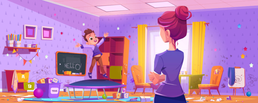 Woman looks at messy kids room with boy jumping on trampoline. Dirty playroom interior with clutter, scattered toys, drawings on walls, playing child and mother, vector cartoon illustration