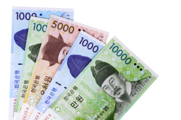 Korean Won currency bills various isolated fan shape selection transparent background photo PNG file