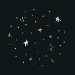 Doodle cosmos illustration set in childish style, design clipart. Hand drawn abstract space star dust. Black and white.