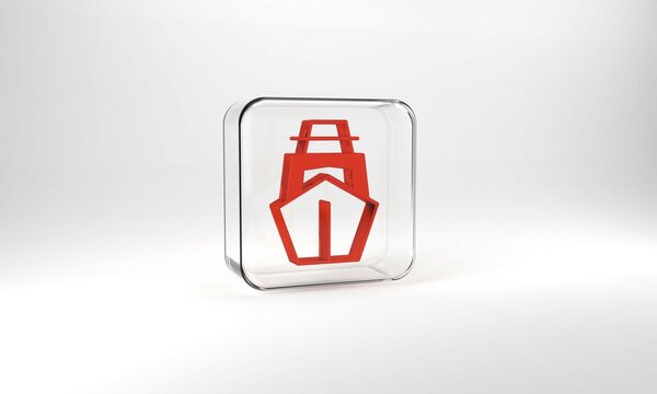 Red Yacht sailboat or sailing ship icon isolated on grey background. Sail boat marine cruise travel. Glass square button. 3d illustration 3D render