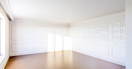 Wnętrze, pusty pokój z białymi ścianami i ozdobnymi sztukateriami. Dębowa klasyczna podłoga. 3d rendering - obrazy, fototapety, plakaty