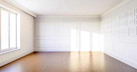 Fototapeta Wnętrze, pusty pokój z białymi ścianami i ozdobnymi sztukateriami. Dębowa klasyczna podłoga. 3d rendering obraz