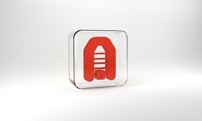 Red Inflatable boat with outboard motor icon isolated on grey background. Glass square button. 3d illustration 3D render
