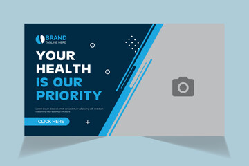 Editable video thumbnail and web banner design. Medical healthcare, fitness training, exercise customizable video thumbnail cover photo fully editable for social media.