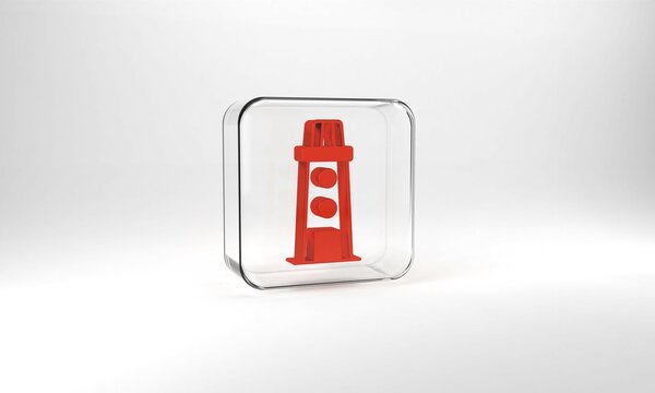 Red Lighthouse icon isolated on grey background. Glass square button. 3d illustration 3D render