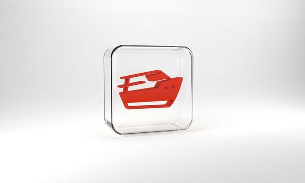 Red Speedboat icon isolated on grey background. Glass square button. 3d illustration 3D render