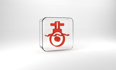 Red Submarine icon isolated on grey background. Military ship. Glass square button. 3d illustration 3D render