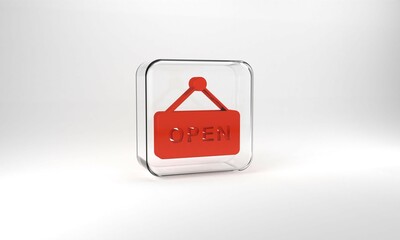 Red Hanging sign with text Open door icon isolated on grey background. Glass square button. 3d illustration 3D render