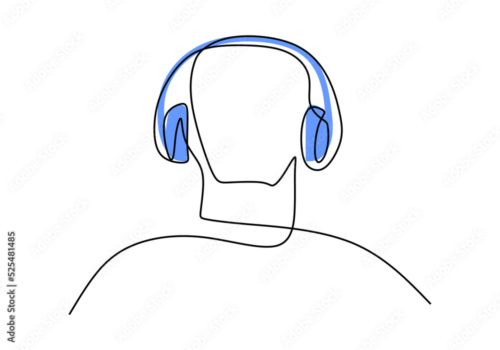 Poster one continuous single line hand drawing of man use headphone isolated on white background.