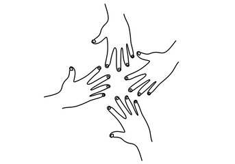 One continuous single line hand drawing of four opened hands isolated on white background.