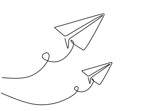 One continuous single line hand drawing of two paper airplane isolated on white background.
