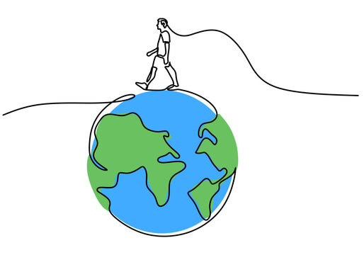 recommend clip art: One continuous single line hand drawing of man walking on earth globe isolated on white background.
