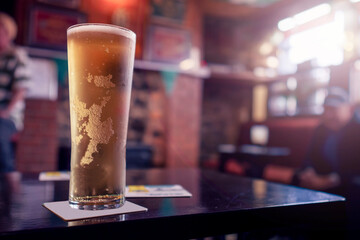 Pint glass of lager beer of cider on a table in bar in focus. Selective focus. Cinematic tone. Drinking after work concept. Enjoy cold craft alcohol drink in a traditional Irish pub.