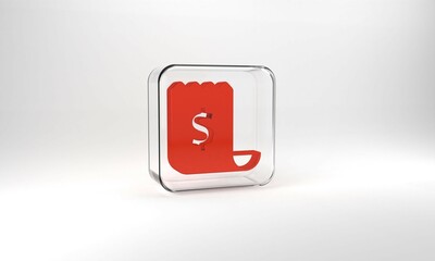 Red Paper check and financial check icon isolated on grey background. Paper print check, shop receipt or bill. Glass square button. 3d illustration 3D render