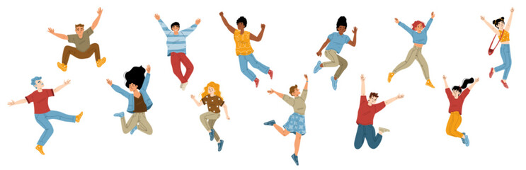 Fototapeta na wymiar Happy people jumping set isolated on white background. Successful multiethnic male, female flat characters waving hands smiling in good mood, celebrating victory, enjoying triumph. Vector illustration